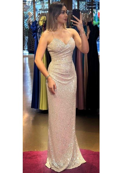 Bej Ip Askılı Sırt Dekolteli Düz Kesim Payet Uzun Abiye Elbise 7265