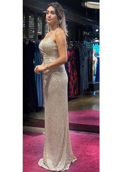 Bej Ip Askılı Sırt Dekolteli Düz Kesim Payet Uzun Abiye Elbise 7265 modelleri