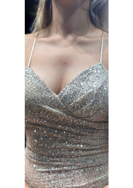 Bej Ip Askılı Sırt Dekolteli Düz Kesim Payet Uzun Abiye Elbise 7265 fırsatları