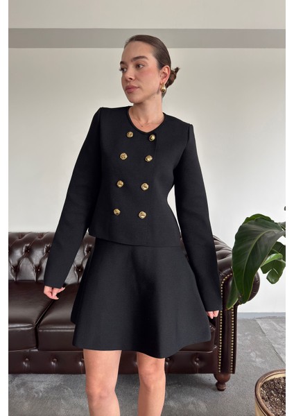 Düğmeli Yeni Sezon Etekli Triko Takım- Siyah