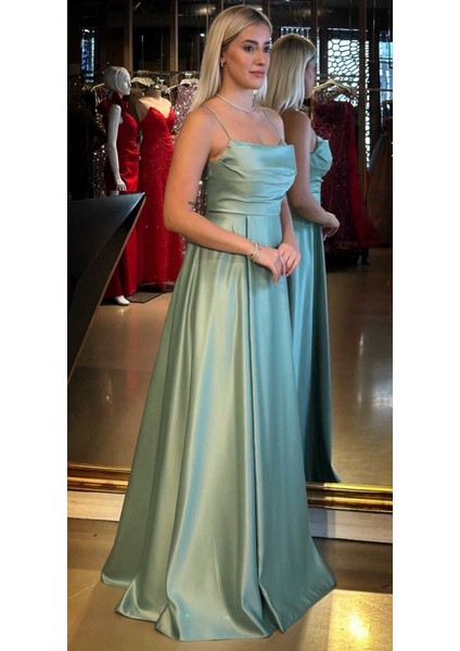 Adaçayı Rengi Ip Askılı Sırt Dekolteli Kloş Etekli Saten Uzun Abiye Elbise 7764