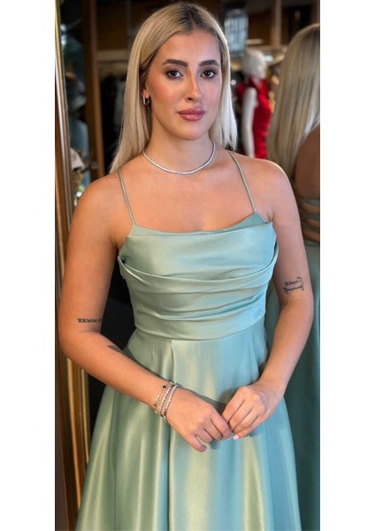 Adaçayı Rengi Ip Askılı Sırt Dekolteli Kloş Etekli Saten Uzun Abiye Elbise 7764 fiyatları