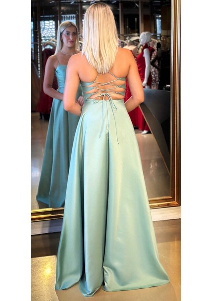 Adaçayı Rengi Ip Askılı Sırt Dekolteli Kloş Etekli Saten Uzun Abiye Elbise 7764 fırsatları