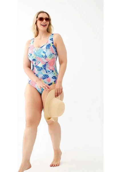 Kadın Renkli Tropikal Desenli Büyük Beden Tek Parça Mayo modelleri