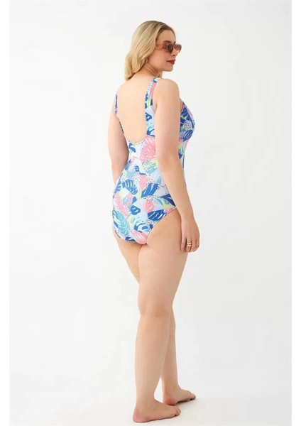 Kadın Renkli Tropikal Desenli Büyük Beden Tek Parça Mayo indirimleri