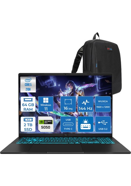 Vivobook 16 V3607VH Intel Core 5 210H 64GB Ddr5 2tb SSD RTX5050 Gddr7 8gb Windows 11 Pro 16" WUXGA(1920X1200) 144HZ 300NITS Taşınabilir Bilgisayar RP075P29 + Zetta Çanta