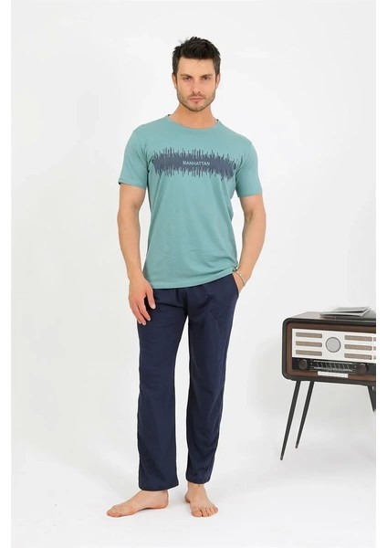 Erkek Pamuk Kısa Kol Pijama Takım Suyeşili