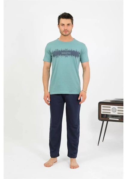 Erkek Pamuk Kısa Kol Pijama Takım Suyeşili modelleri