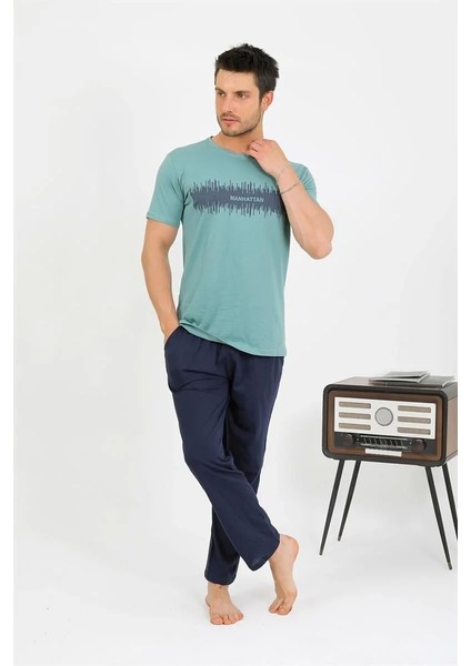 Erkek Pamuk Kısa Kol Pijama Takım Suyeşili indirimleri