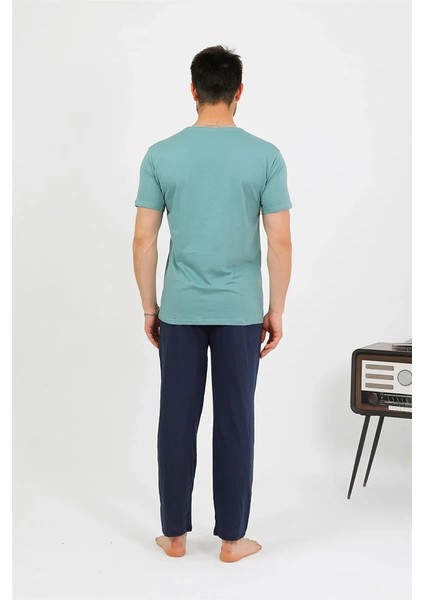 Erkek Pamuk Kısa Kol Pijama Takım Suyeşili