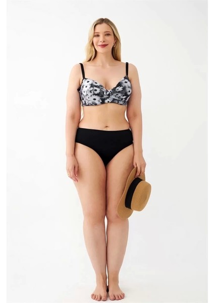 Kadın Papatya Desenli Gri Büyük Beden Bikini Takımı