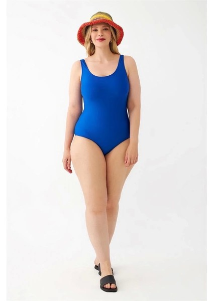 Kadın Saks Mavisi Büyük Beden Düz Tek Parça Mayo