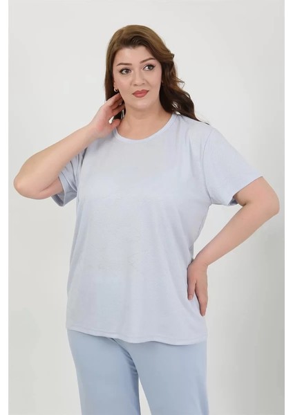 Kadın Büyük Beden Kısa Kol Penye Pijama Takımı Mavi