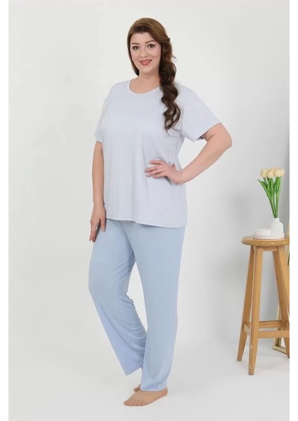 Kadın Büyük Beden Kısa Kol Penye Pijama Takımı Mavi modelleri
