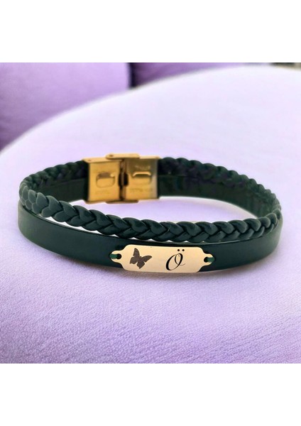 14 Ayar Plakalı Altın Ö Harfine Özel Koyu Yeşil Derili Kelebek Motifli Hediye BILEKLIK-656HARF fiyatları