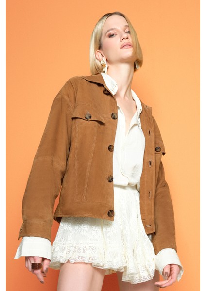 Valenza Kadın Camel Süet Deri Ceket 24WGD527610