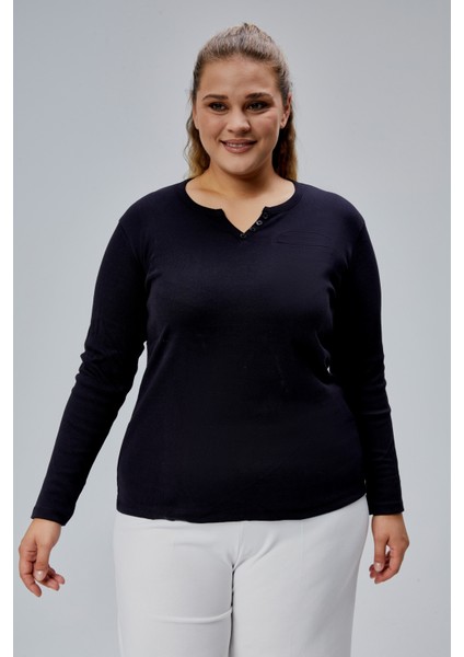 Curve Büyük Beden %100 Pamuklu Likralı Bisiklet Yaka Basic Düz Uzun Kol Siyah Bluz fiyatları