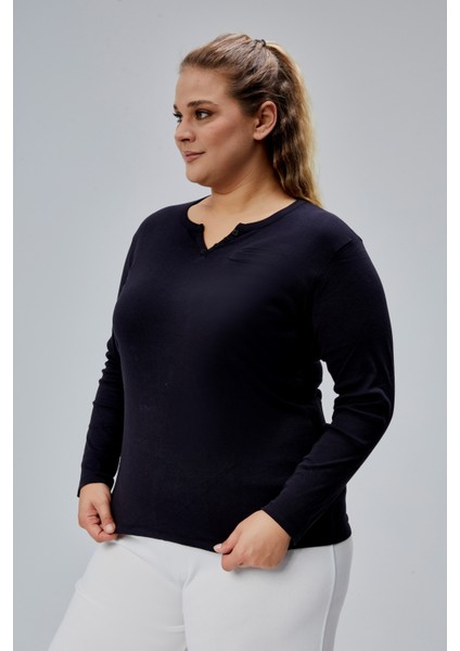 Curve Büyük Beden %100 Pamuklu Likralı Bisiklet Yaka Basic Düz Uzun Kol Siyah Bluz fırsatları