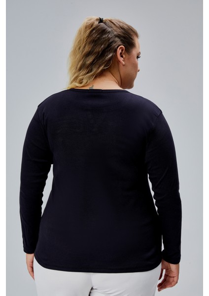 Curve Büyük Beden %100 Pamuklu Likralı Bisiklet Yaka Basic Düz Uzun Kol Siyah Bluz indirimleri