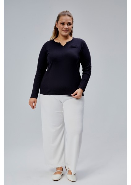 Curve Büyük Beden %100 Pamuklu Likralı Bisiklet Yaka Basic Düz Uzun Kol Siyah Bluz