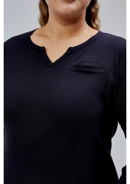 Curve Büyük Beden %100 Pamuklu Likralı Bisiklet Yaka Basic Düz Uzun Kol Siyah Bluz