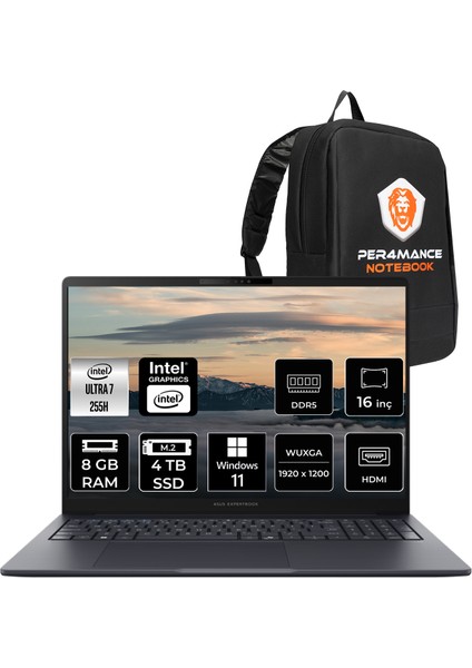 Expertbook B5 Intel Core Ultra 7 255H 8gb 4tb SSD 16" Fhd+ W11P Taşınabilir Bilgisayar & Per4 Çanta B5605U716512B1DP385