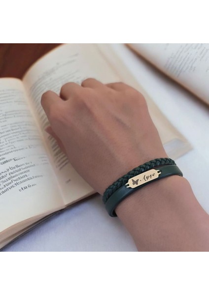 Altın Plakalı 14 Ayar Ayşe Ismine Özel Kelebek Motifli Koyu Yeşil Derili Hediye BILEKLIK-656ISIM