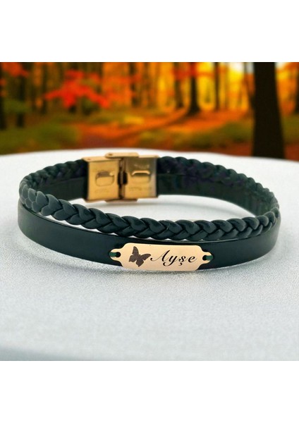 Altın Plakalı 14 Ayar Ayşe Ismine Özel Kelebek Motifli Koyu Yeşil Derili Hediye BILEKLIK-656ISIM fiyatları