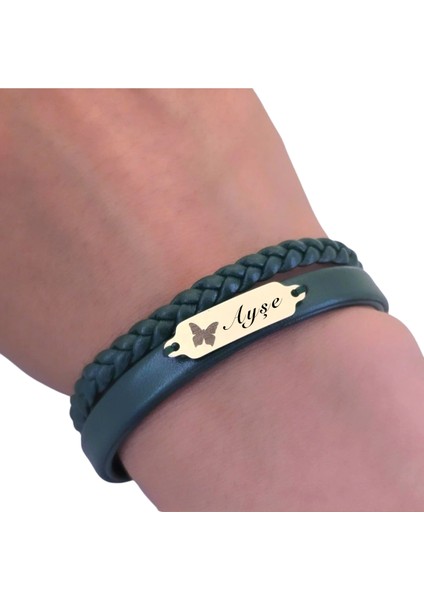 Altın Plakalı 14 Ayar Ayşe Ismine Özel Kelebek Motifli Koyu Yeşil Derili Hediye BILEKLIK-656ISIM fırsatları