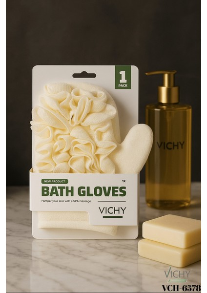 Vıchy Beyaz Banyo Eldiveni VCH-6578 Tekli Kartelalı X240