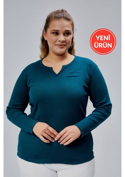 Curve Büyük Beden %100 Pamuklu Likralı Bisiklet Yaka Basic Düz Uzun Kol Yeşil Bluz