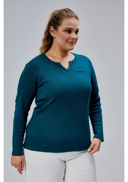 Curve Büyük Beden %100 Pamuklu Likralı Bisiklet Yaka Basic Düz Uzun Kol Yeşil Bluz fiyatları