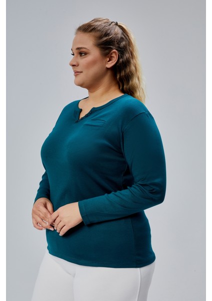 Curve Büyük Beden %100 Pamuklu Likralı Bisiklet Yaka Basic Düz Uzun Kol Yeşil Bluz modelleri