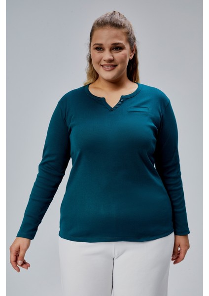 Curve Büyük Beden %100 Pamuklu Likralı Bisiklet Yaka Basic Düz Uzun Kol Yeşil Bluz indirimleri