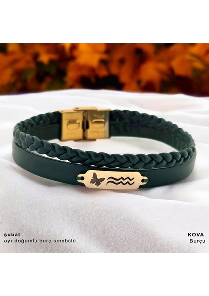 14 Ayar Plakalı Altın Şubat Ayı Doğumlarına Koyu Yeşil Derili Kelebek Motifli Hediye BILEKLIK-656AY fiyatları