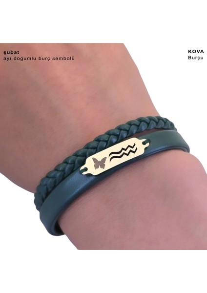 14 Ayar Plakalı Altın Şubat Ayı Doğumlarına Koyu Yeşil Derili Kelebek Motifli Hediye BILEKLIK-656AY fırsatları