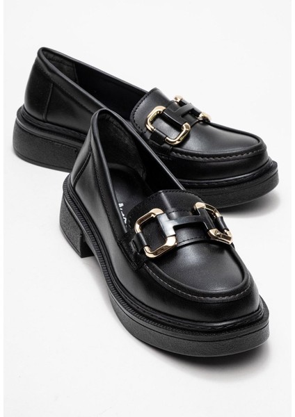 Kadın Kare Tokalı Loafer Ayakkabı Siyah Cilt