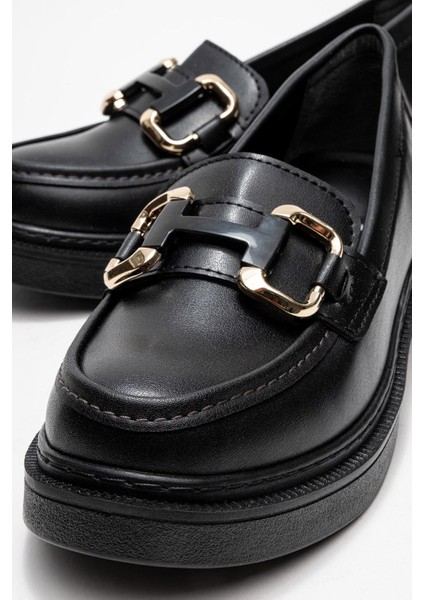 Kadın Kare Tokalı Loafer Ayakkabı Siyah Cilt modelleri