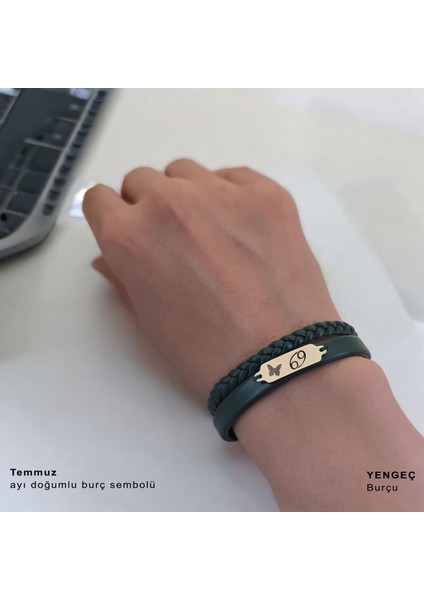 14 Ayar Plakalı Altın Temmuz Ayı Doğumlarına Kelebek Motifli Koyu Yeşil Derili Hediye BILEKLIK-656AY