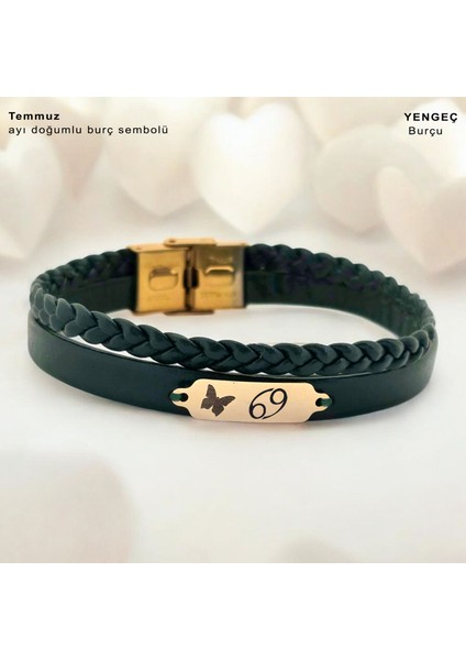 14 Ayar Plakalı Altın Temmuz Ayı Doğumlarına Kelebek Motifli Koyu Yeşil Derili Hediye BILEKLIK-656AY fiyatları