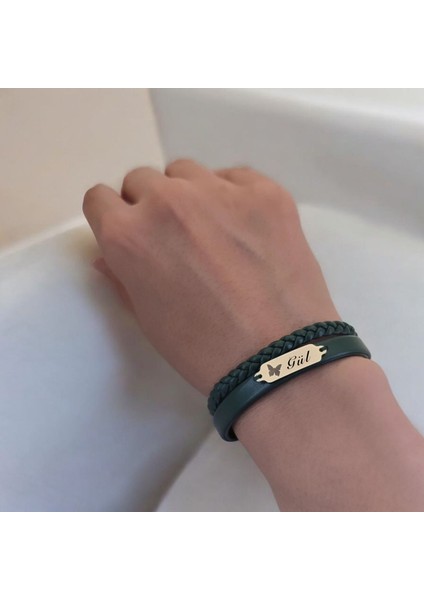 14 Ayar Plakalı Altın Gül Ismine Özel Koyu Yeşil Derili Kelebek Motifli Hediye BILEKLIK-656ISIM