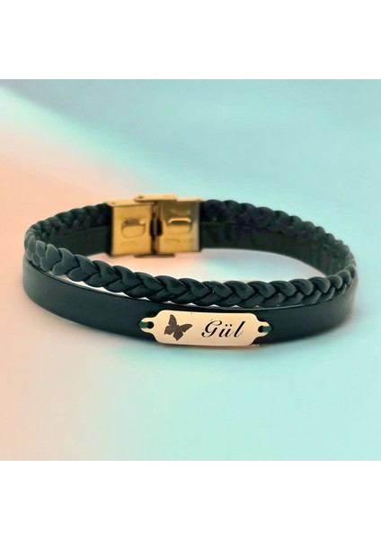 14 Ayar Plakalı Altın Gül Ismine Özel Koyu Yeşil Derili Kelebek Motifli Hediye BILEKLIK-656ISIM fiyatları