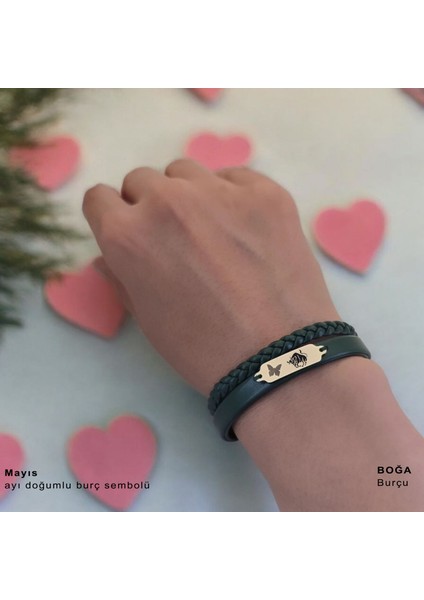 14 Ayar Altın Plakalı Boğa Burçları Için Koyu Yeşil Derili Kelebek Motifli Hediye BILEKLIK-656BURÇ