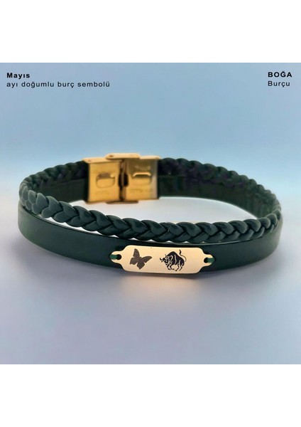 14 Ayar Altın Plakalı Boğa Burçları Için Koyu Yeşil Derili Kelebek Motifli Hediye BILEKLIK-656BURÇ fiyatları