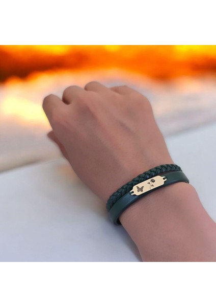 14 Ayar Plakalı Altın Gül Temalı Kelebek Motifli Koyu Yeşil Derili Hediye BILEKLIK-656SEMBOL