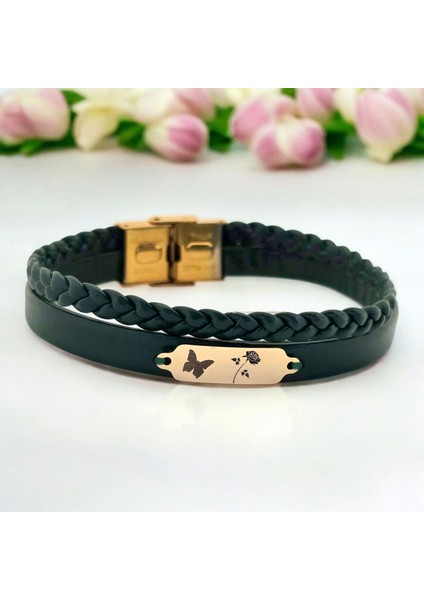 14 Ayar Plakalı Altın Gül Temalı Kelebek Motifli Koyu Yeşil Derili Hediye BILEKLIK-656SEMBOL fiyatları