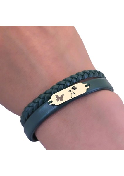 14 Ayar Plakalı Altın Gül Temalı Kelebek Motifli Koyu Yeşil Derili Hediye BILEKLIK-656SEMBOL fırsatları