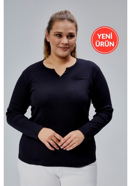 Curve Büyük Beden %100 Pamuklu Likralı Bisiklet Yaka Basic Düz Uzun Kol Siyah Bluz