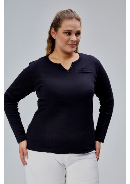 Curve Büyük Beden %100 Pamuklu Likralı Bisiklet Yaka Basic Düz Uzun Kol Siyah Bluz modelleri