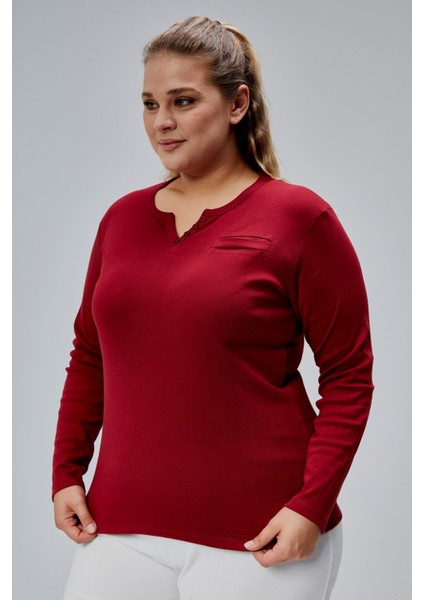 Curve Büyük Beden %100 Pamuklu Likralı Bisiklet Yaka Basic Düz Uzun Kol Bordo Bluz modelleri